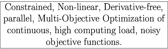 \fbox{\begin{minipage}[t]{\textwidth}
\begin{center}
\huge {
Constrained, Non-li...
...igh computing load,
noisy objective functions.
\par
}\end{center}\end{minipage}}