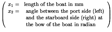 $\displaystyle \left( \begin{array}{cl} x_1 = &
\text{length of the boat in mm} ...
... (right)
at } \\  & \text{ the bow of the boat in radian }
\end{array} \right)
$