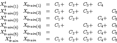 \begin{displaymath}\begin{array}{rlclllll}
 X_{train(1)}^t & X_{train(1)} & = & ...
...train} & = &C_1 +& C_2 +& C_3 + & C_4 + & C_5 \\
 \end{array}\end{displaymath}